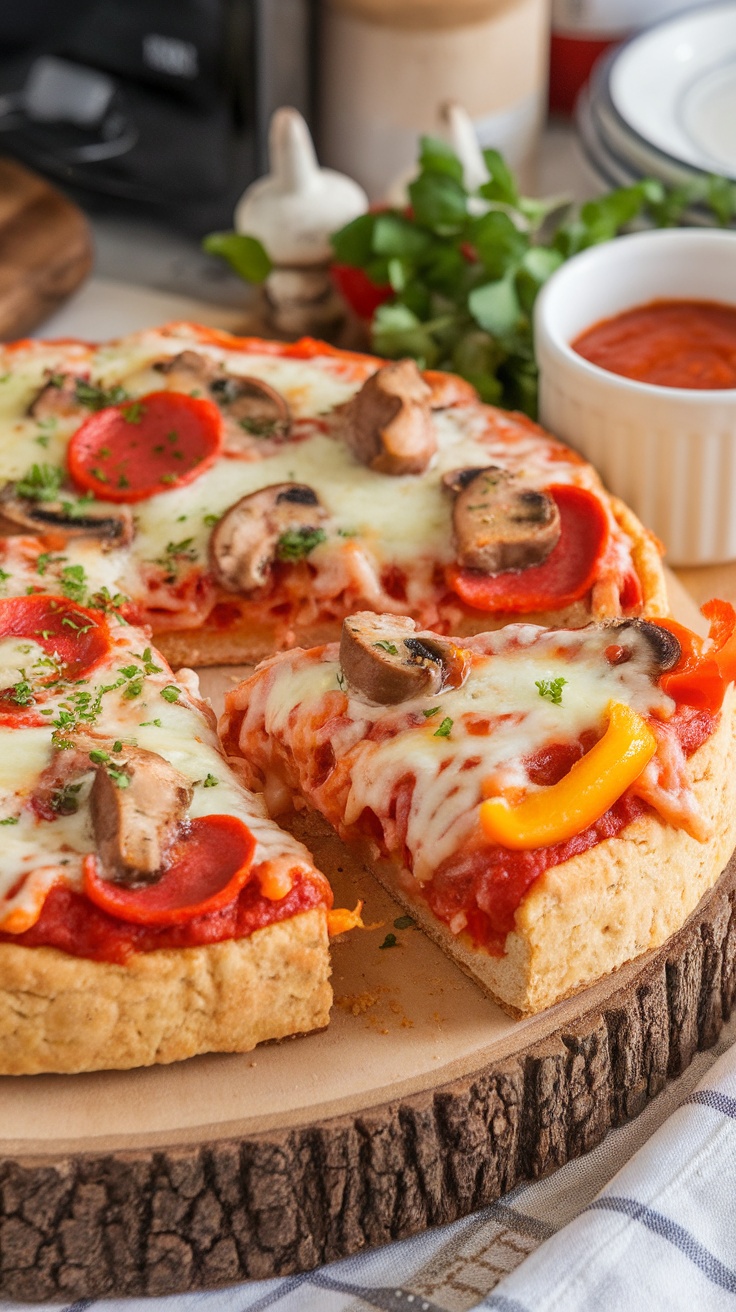 A delicious slow cooker pizza with biscuit crust and toppings, served on a wooden board with pizza sauce.